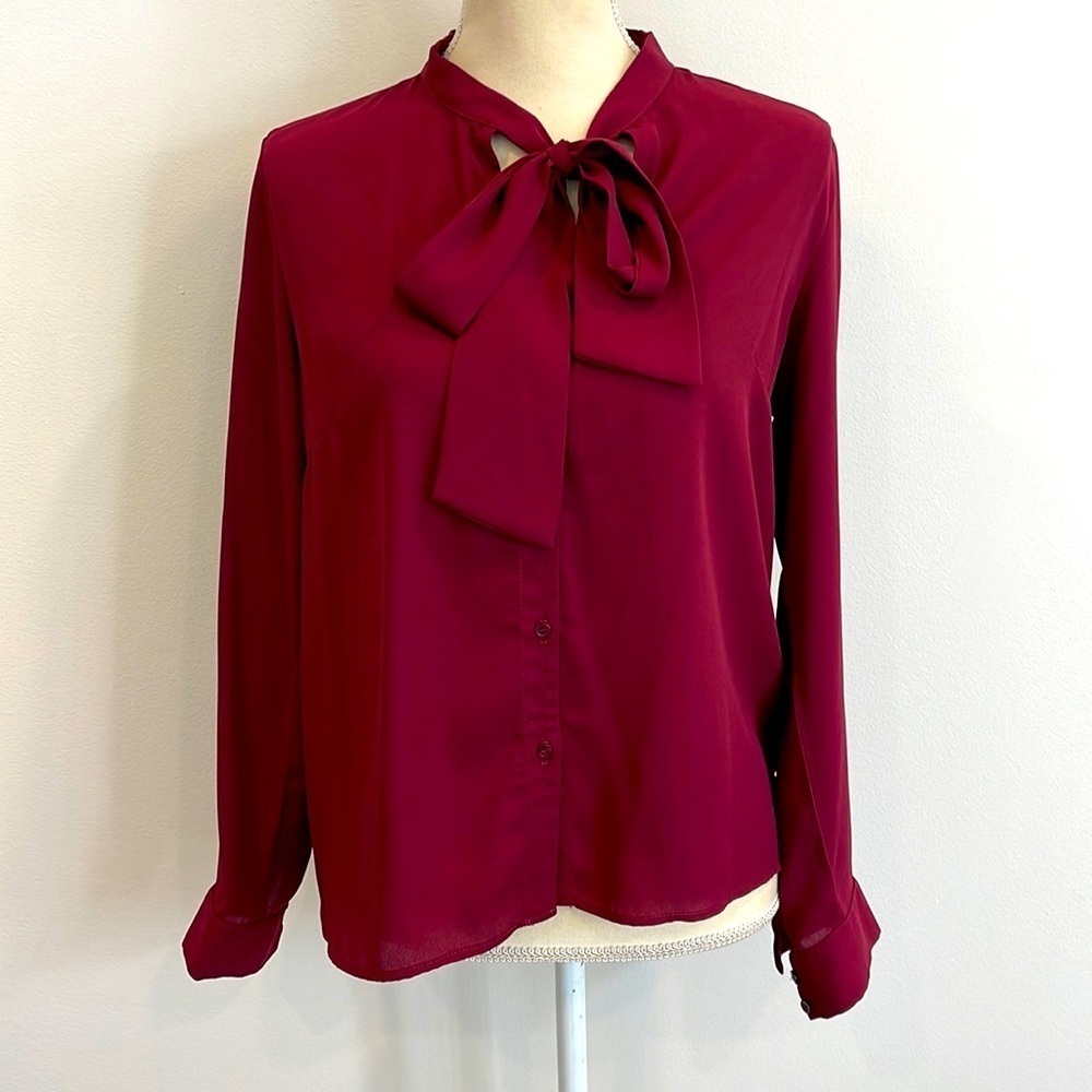 THREE EIGHTY TWO Stunning Burgundy Long Sleeve Tie Neck Blouse